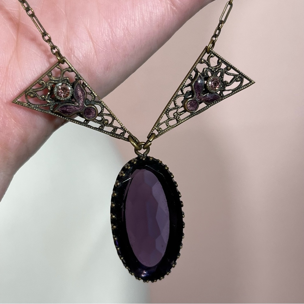 Antique Victorian Art Deco purple glass Art Nouveau floral brass necklace
